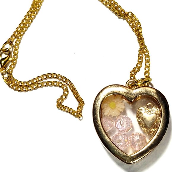 Fun Gold Plated Locket Necklace with Peach Flower, Pink Beads and Gold Heart - Picture 10 of 13
